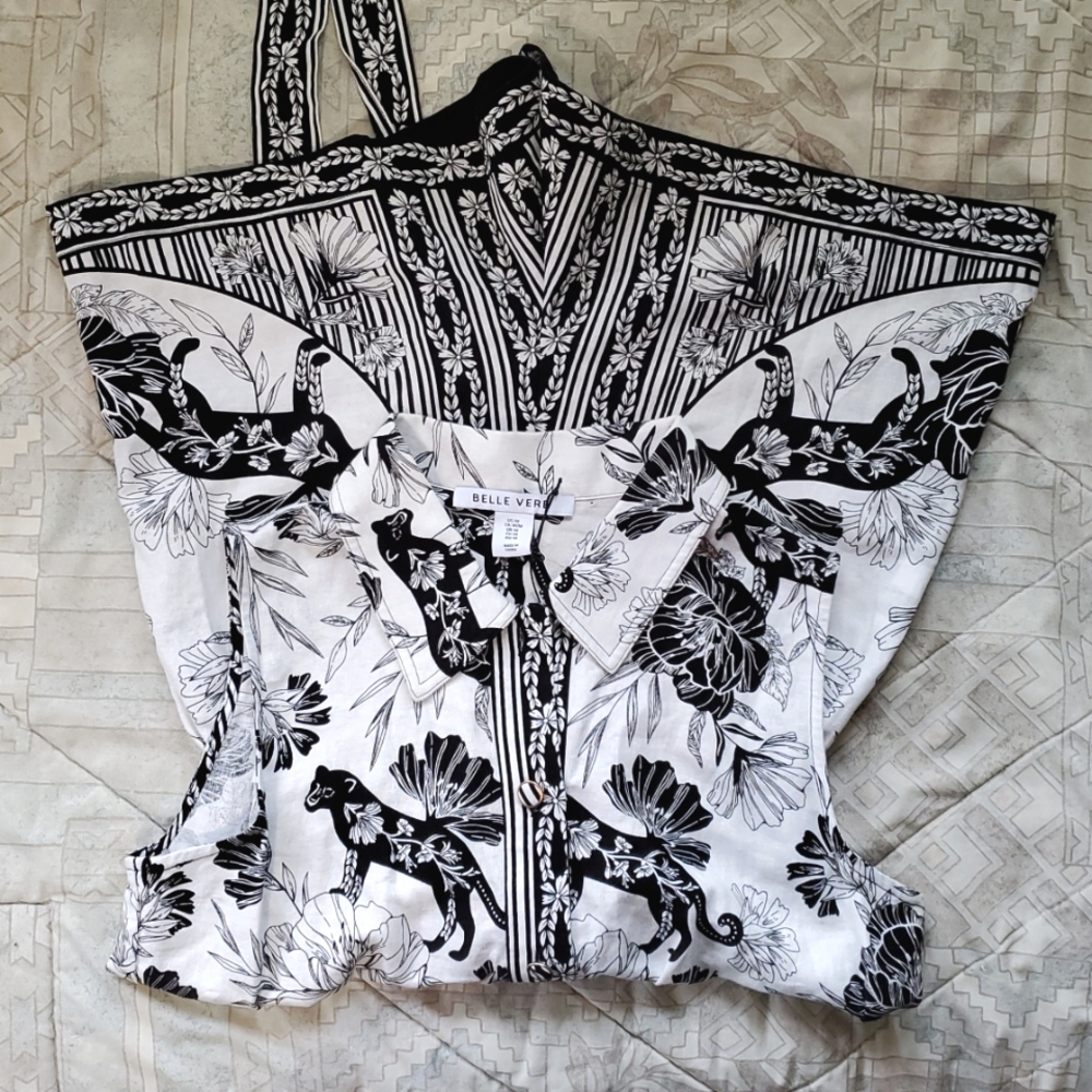 Linen Romper, Black Panther/ Jaguar Tropical Floral Print - Picture 3 of 6